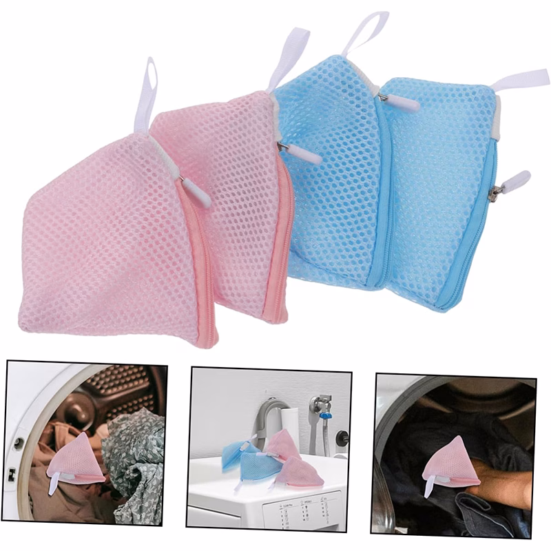 Polyester mesh laundry bag with bras and undergarments, protecting sensitive clothes.