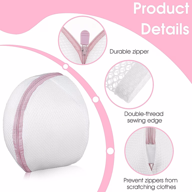 Pink mesh lingerie wash bag with zipper for washing bras and delicates