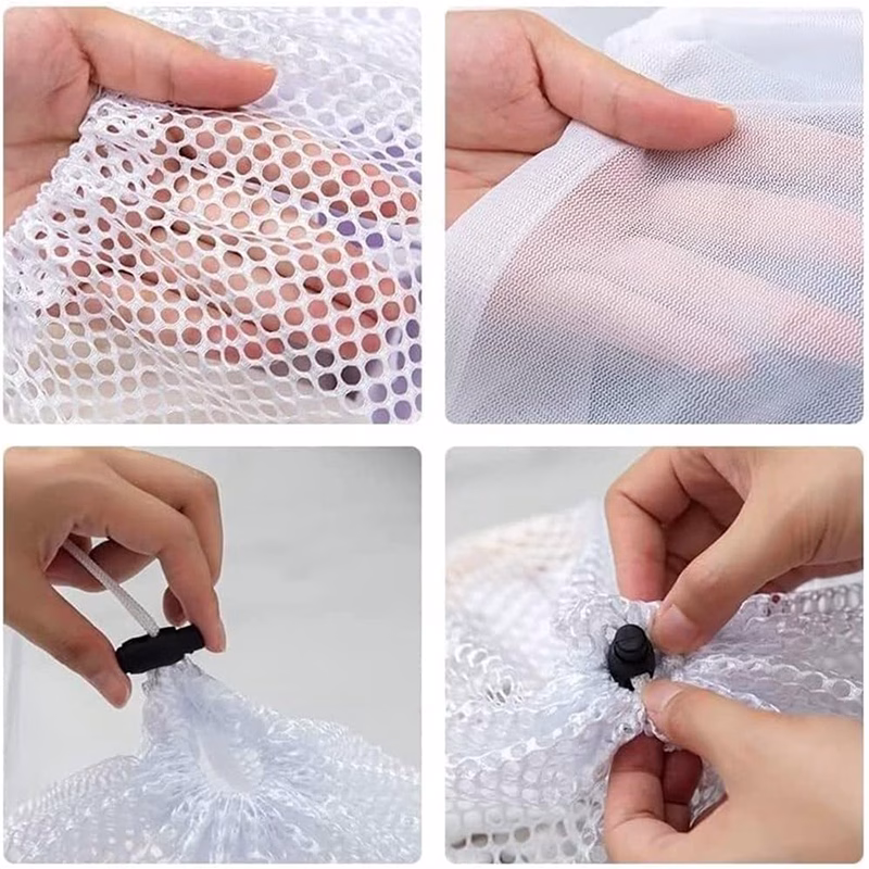 Five mesh bags for delicate clothes with drawstring closures, ideal for washing undergarments.