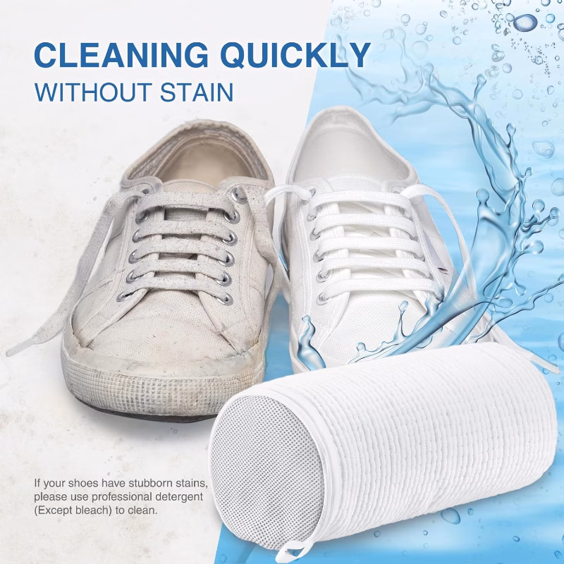 Shoes inside the shoe washing bag with fluffy fibers