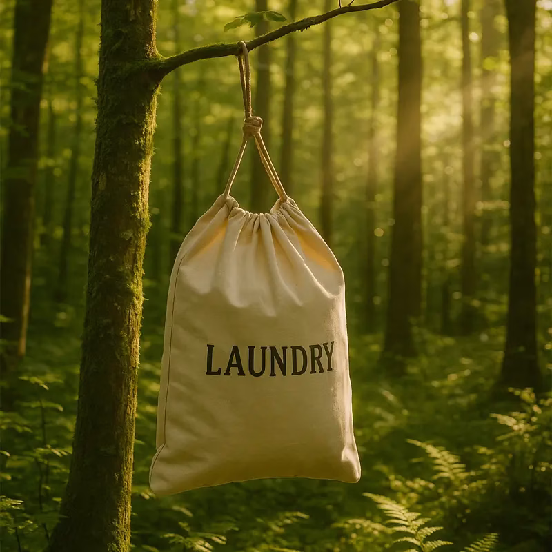 Eco-friendly canvas laundry bag hanging in a green forest.