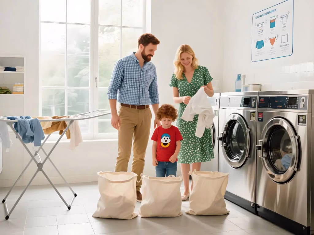 Family sorting laundry into canvas laundry sacks in a bright home laundry room