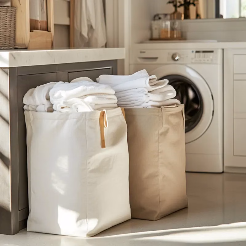 Heavy-duty canvas laundry bags in a modern laundry room setting