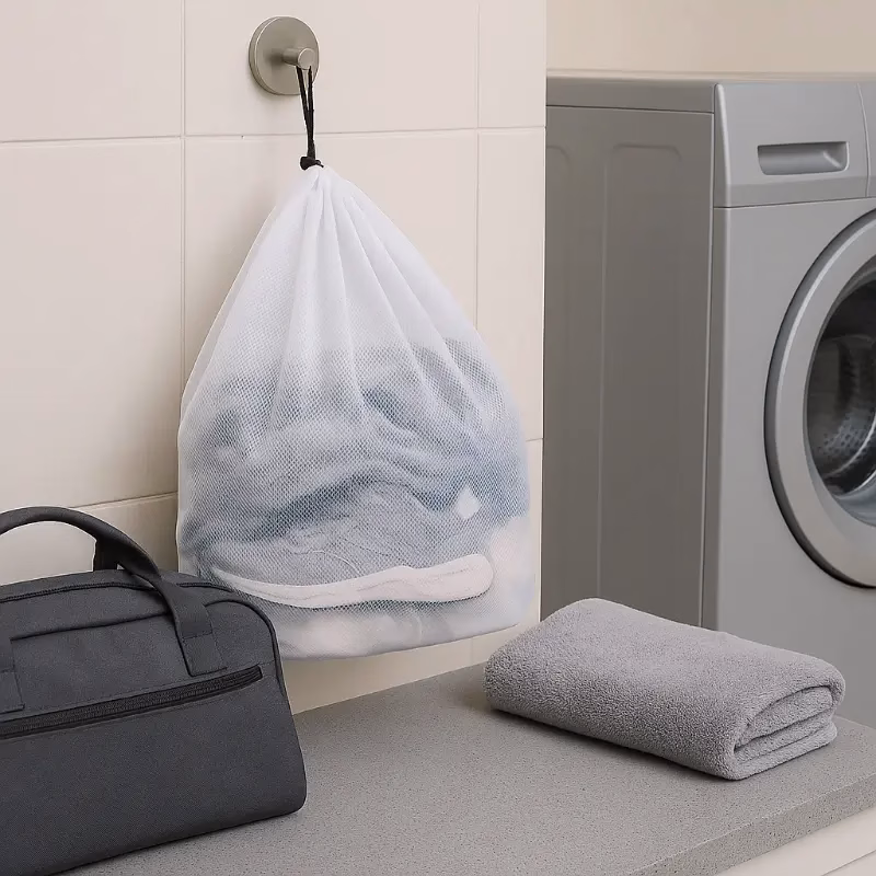 Heavy duty mesh bag with gym clothes hanging in a laundry room.