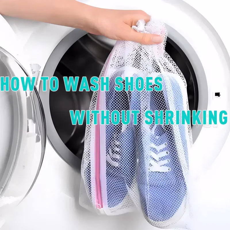 Placing sneakers into a mesh laundry bag for safe machine washing