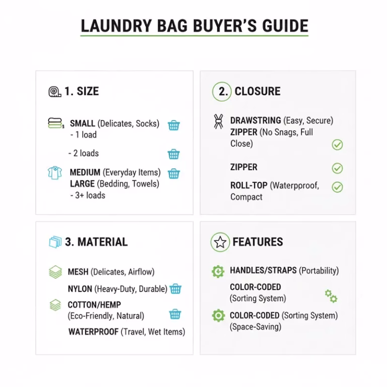 Laundry bag selection matrix showing closure options including toggle lock
