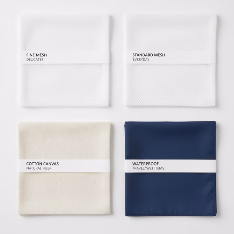 Laundry bag fabric samples showing mesh, canvas, and waterproof materials side by side