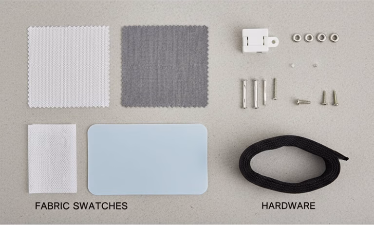 Laundry basket materials and hardware board showing fabrics and components