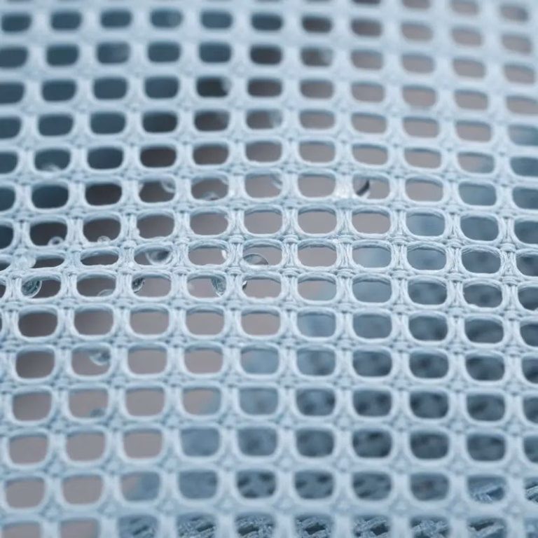Close-up of fine polyester mesh laundry sack fabric letting water and detergent flow through