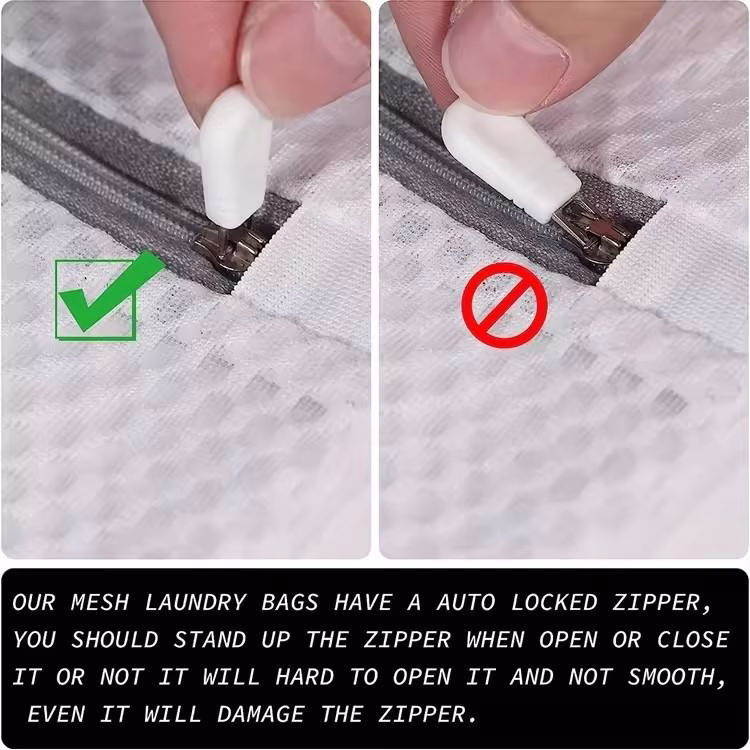 mesh laundry bag reinforced stitching zipper.